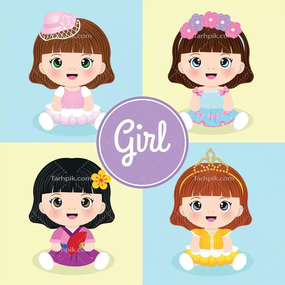 وکتور مجموعهای از دختران کارتونی ناز با لباسها و کستومهای متنوع