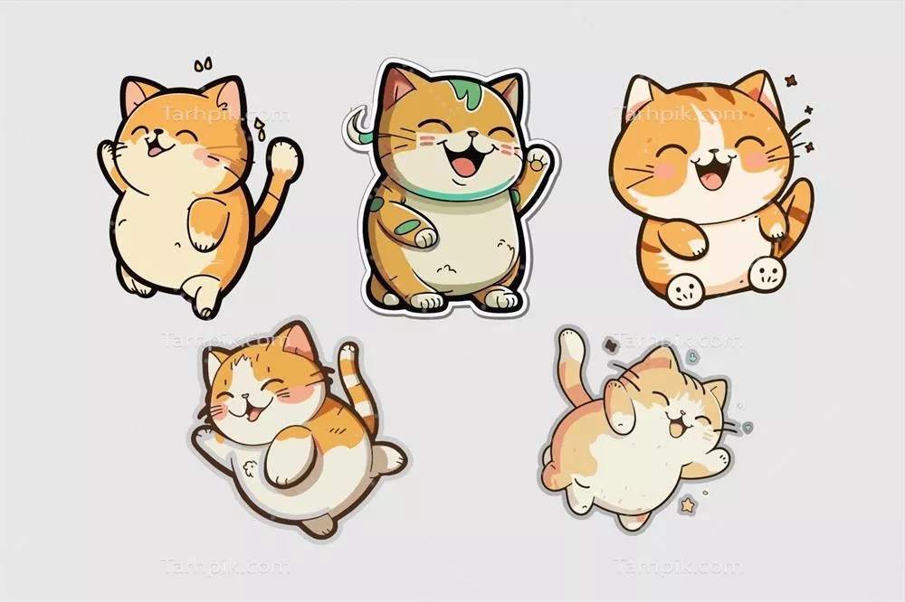 وکتور مجموعه استیکرهای کارتونی گربههای بامزه و شاد با طراحی زیبا