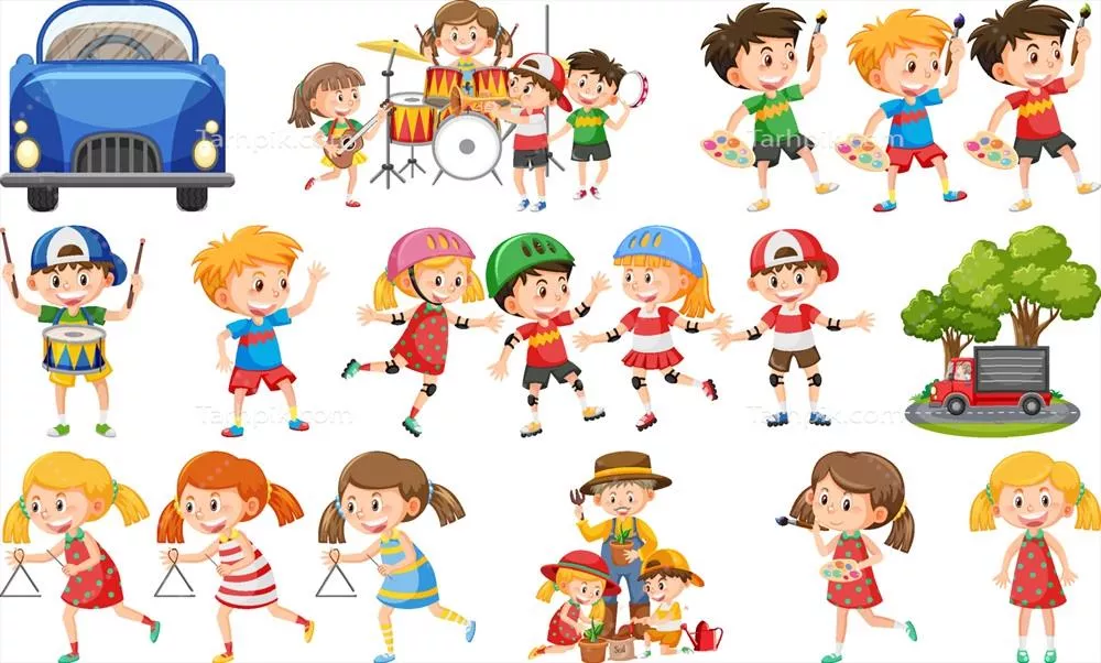 وکتور مجموعهای از کودکان بامزه و اشیاء گوناگون با طراحی زیبا