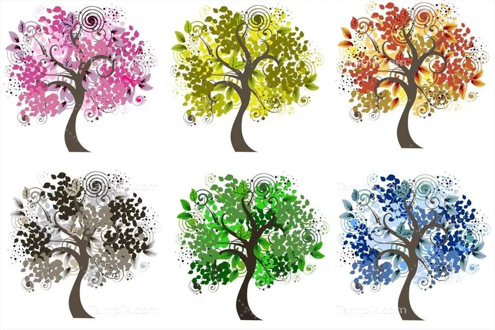 مجموعه وکتورهای درخت تزئینی فصلی ایده آل برای تمام فصول