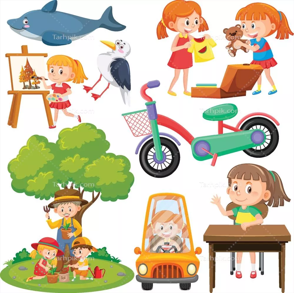 وکتور مجموعهای از کودکانی زیبا و اشیای مختلف با طراحیهای جذاب و دوستداشتنی