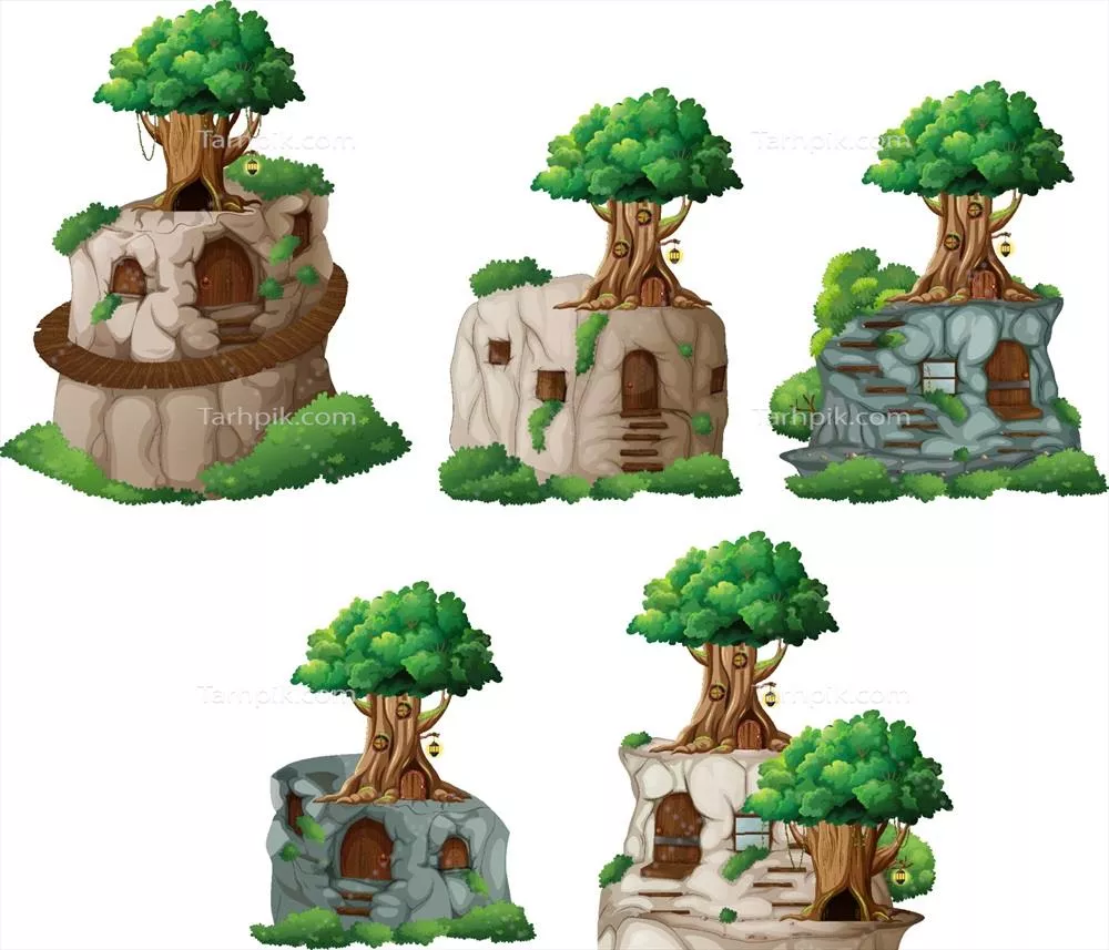 وکتور مجموعه‌ای از درختان فانتزی متفاوت بر روی صخره‌ای اسرارآمیز