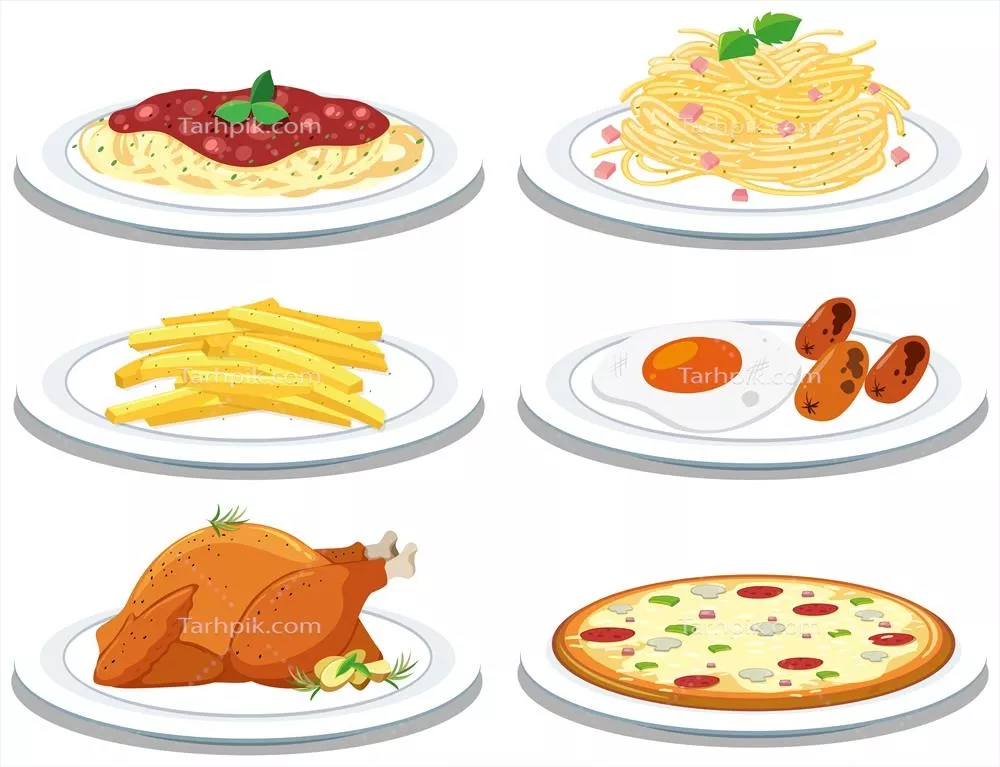 وکتور مجموعه‌ای از تصاویر متنوع غذاها و وعده‌های غذایی برای الهام بخشی به آشپزی