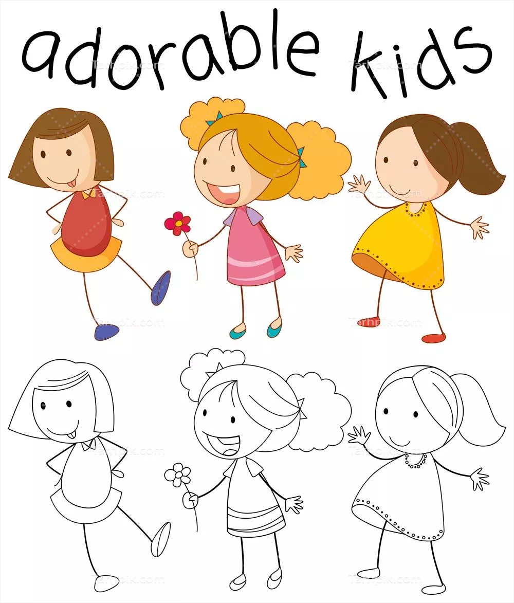 وکتور مجموعهای از تصاویر دختران دودیلی: هنر کودکانه و خلاقیت در طراحی