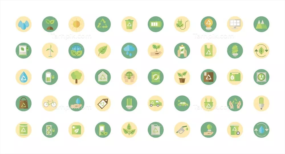 وکتور مجموعه آیکونهای طراحی مسطح انرژیهای سبز و اکولوژیک روی پسزمینه سفید