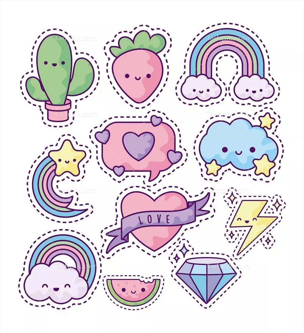 وکتور مجموعهای از وصلههای مد با آیکونهای کارتونی سرگرم کننده