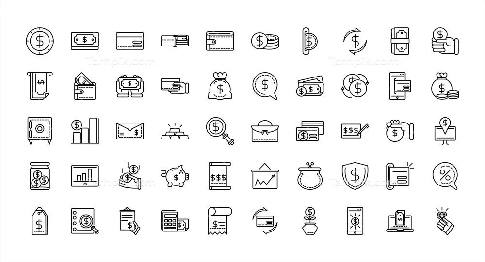 ست مجموعه آیکون‌های خطی و وکتور مربوط به مالیات و کسب و کار بر روی پس‌زمینه سفید