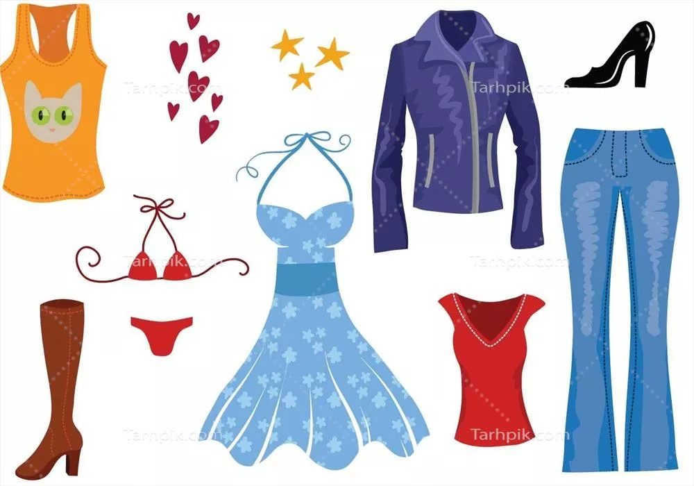 وکتور مجموعهای از لباسهای زنانه شامل ژاکت چرم، شلوار جین، کفش، لباس و تاپ