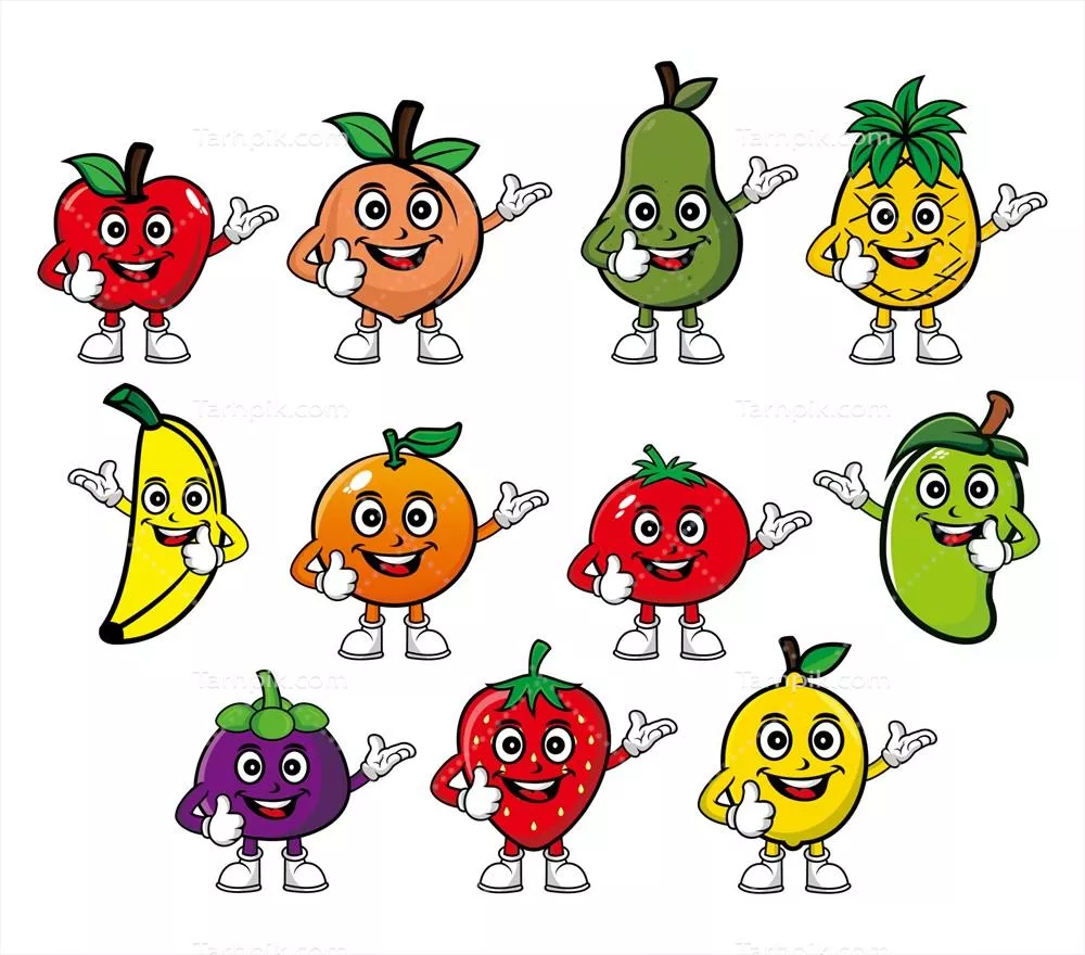 طراحی شخصیت میوه‌ها به‌صورت وکتور: مجموعه‌ای از میوه‌های جذاب