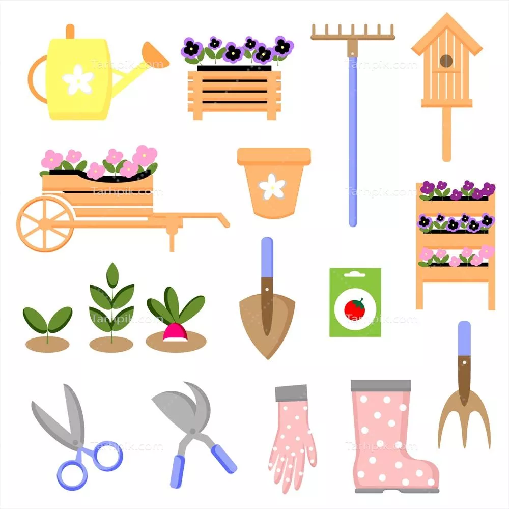 وکتور مجموعهای از ابزارها و محصولات باغبانی شامل آبیاری برای کشاورزان