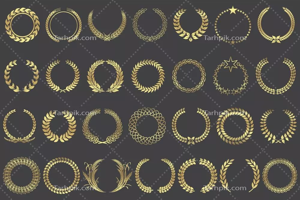 مجموعهای از تاجهای لورئل طلایی با اشکال مختلف - تصویرسازی وکتور