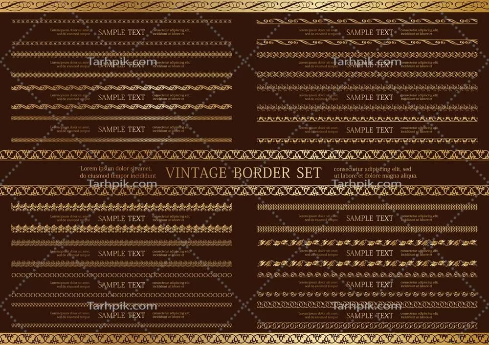 وکتور مجموعه حاشیه‌های طلایی وینتیج قابل تکرار روی پس‌زمینه تیره