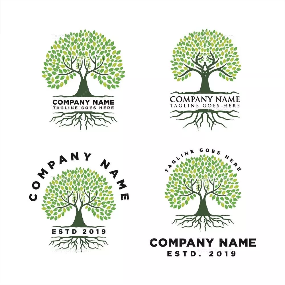 وکتور طراحی لوگوی کسب و کار با مجموعه ای از درختان و ریشه های سبز بر روی پس زمینه سفید