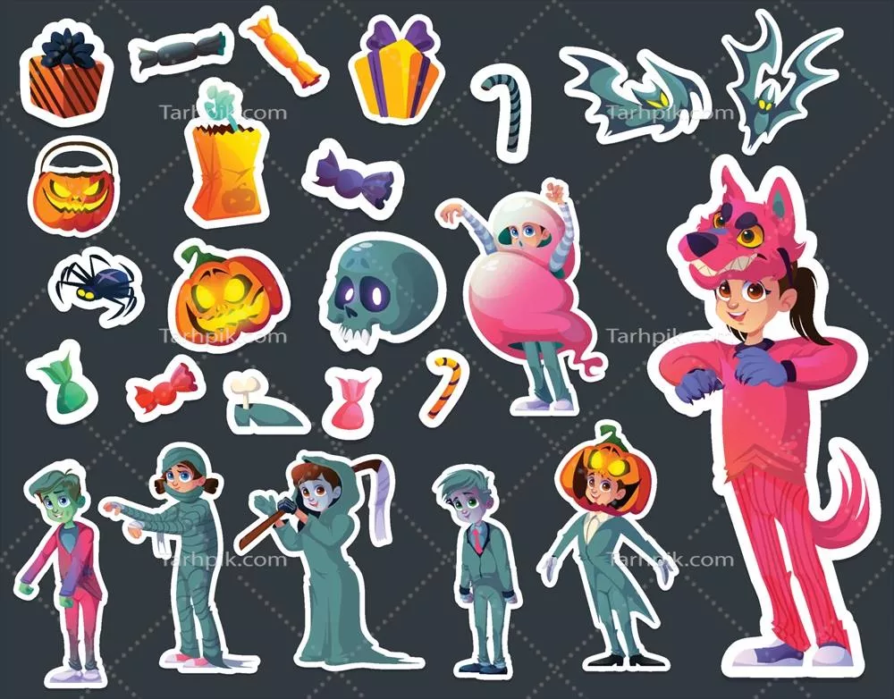 وکتور مجموعه استیکرهای هالووین با شخصیتها و لباسهای ترسناک