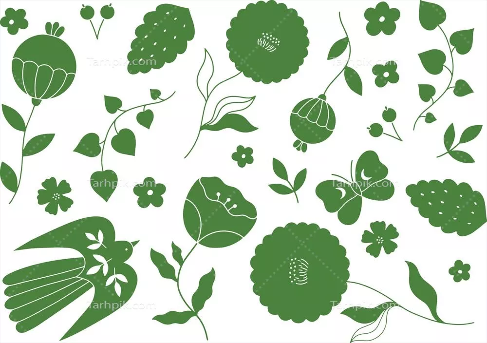 وکتور مجموعه‌ای از عناصر طراحی شده به‌دست با موضوع گل‌ها، برگ‌ها و پرندگان