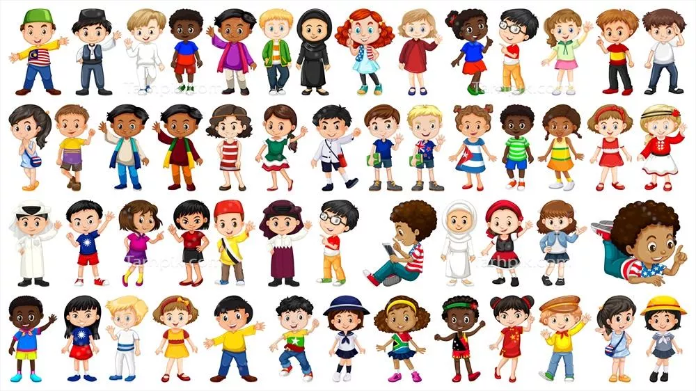 وکتور مجموعه‌ای از تصاویر کاراکترهای کودکانه بین‌المللی با تنوع فرهنگی و ملیتی