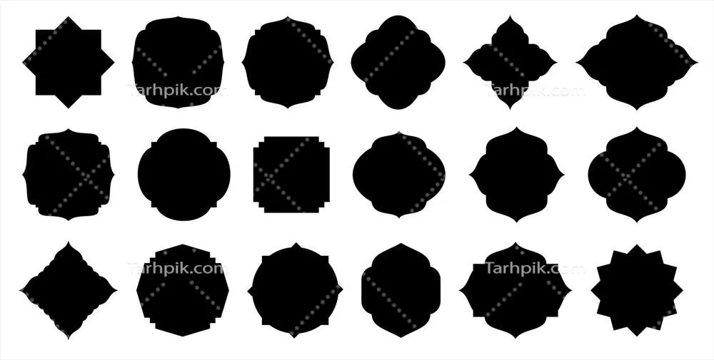 وکتور مجموعه ای از چهارچوب ها، اشکال و نشان های اسلامی زیبا و متنوع