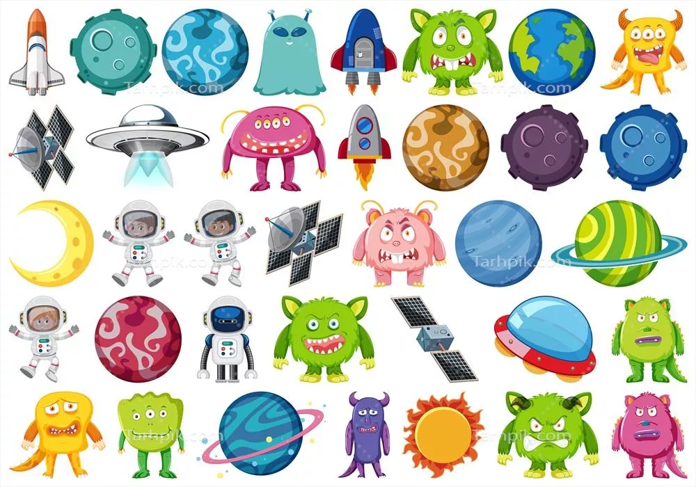 وکتور تصویرسازی موضوع فضا با مجموعهای از اشیاء ایزوله و منحصر به فرد