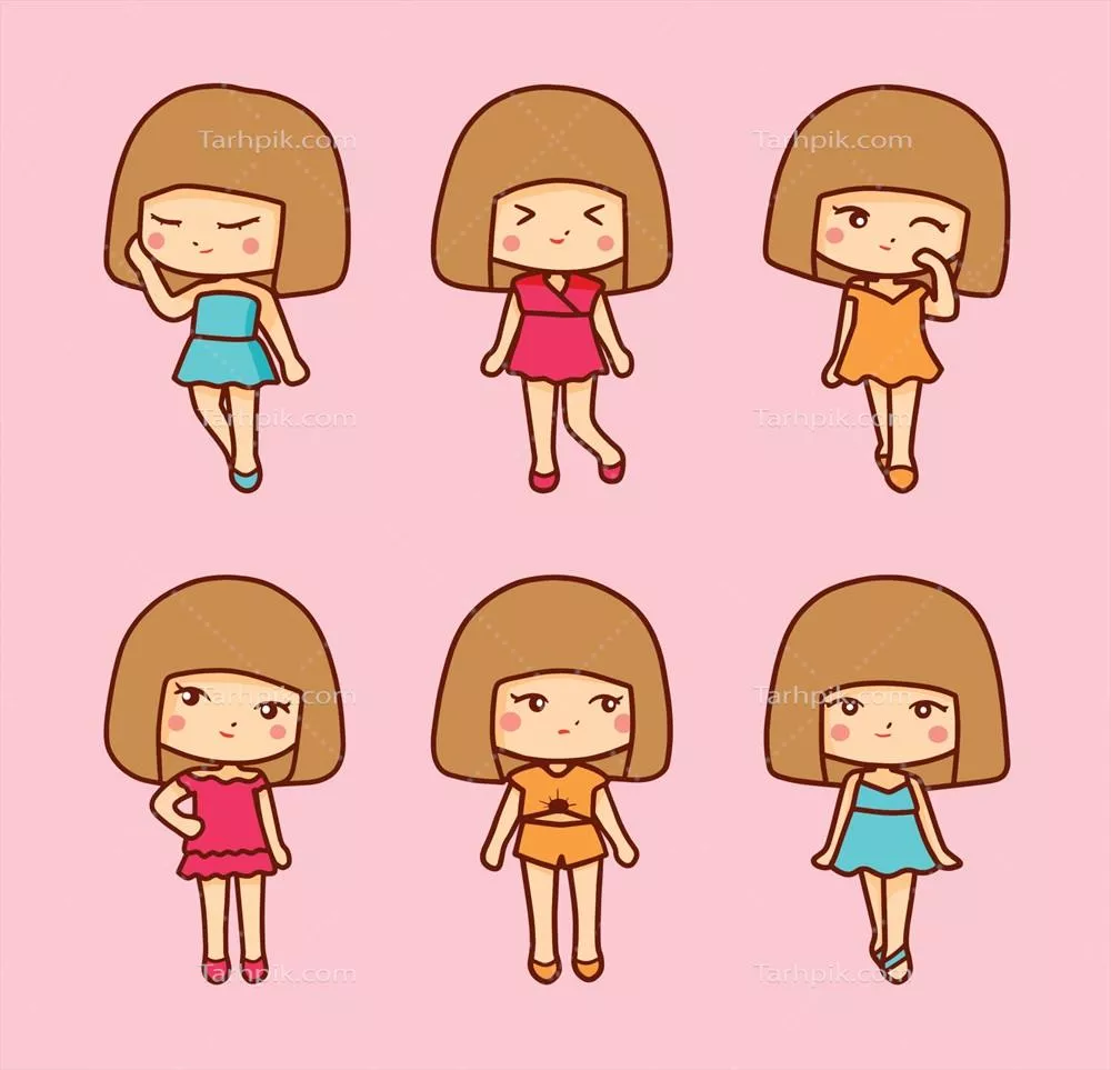 وکتور مجموعه ای از ژست های دخترانه کیویی با جذابیت و زیبایی خاص