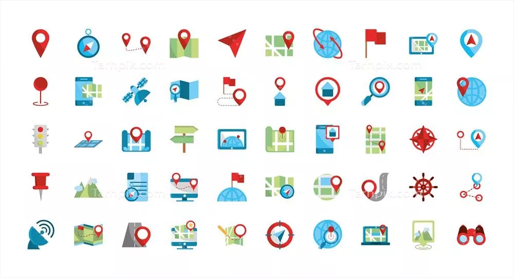 وکتور مجموعه نقشه‌ها و آیکون‌های GPS با طراحی تخت و بر روی پس‌زمینه سفید