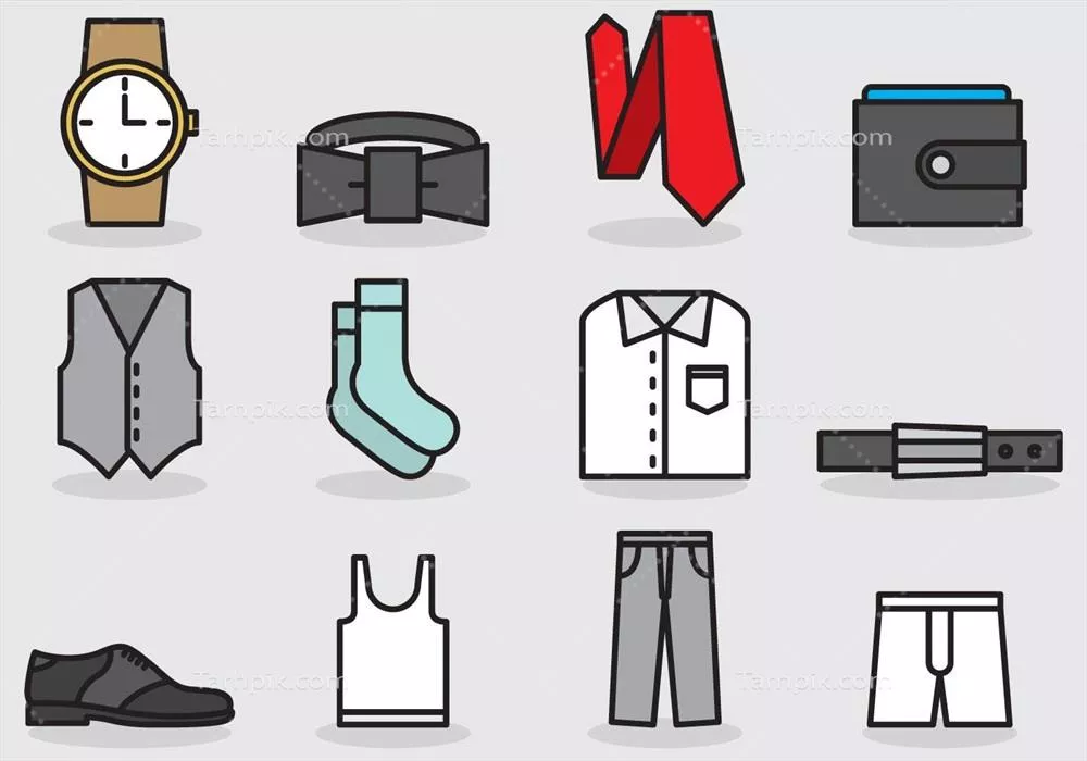 وکتور مجموعه ای از لباس ها و اکسسوری های مردانه برای پروژه های پوشاک مردانه و موضوعات مد