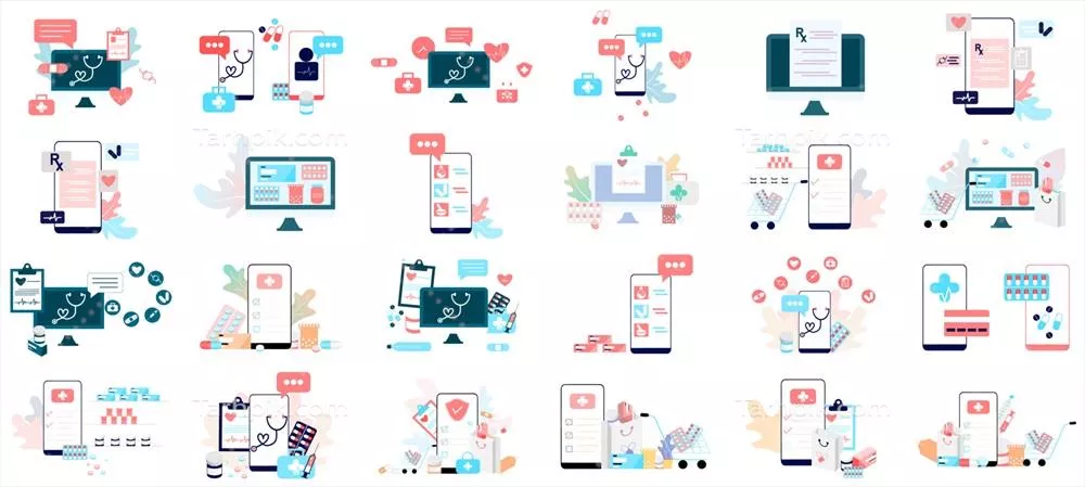 وکتور مجموعه‌ای مدرن از طراحی مسطح خدمات بهداشت و درمان آنلاین