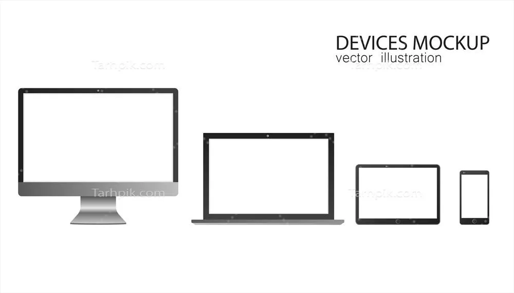 وکتور مجموعه ای از طراحی های واقع گرایانه مانیتور، تبلت، لپ تاپ و گوشی هوشمند