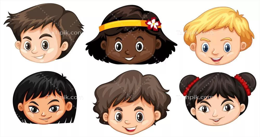 وکتور تصویر سر مجموعهای از کودکان چندفرهنگی با تنوع ملیتی
