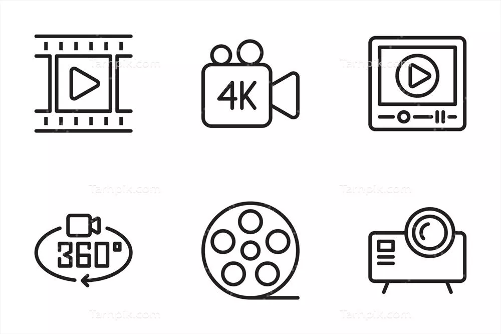 وکتور مجموعه آیکون های چندرسانه ای دوربین و ویدیو با طراحی مدرن و جامع