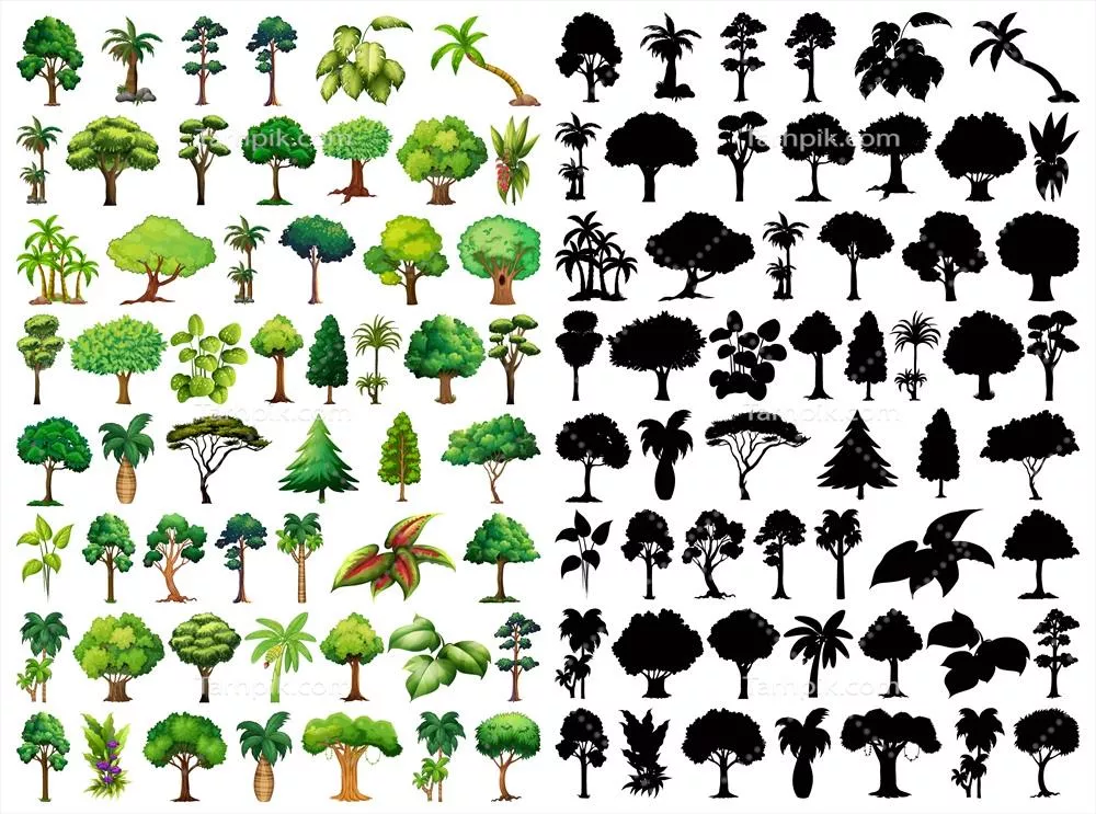 وکتور مجموعه‌ای از گیاهان و درختان با تصویرسازی سیلوئتی جذاب