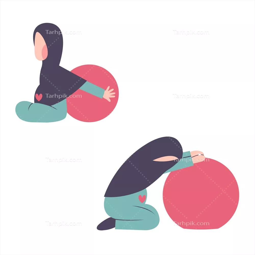 وکتور مجموعه ای از مادران حامله در حال تمرین با توپ ورزشی در حجاب