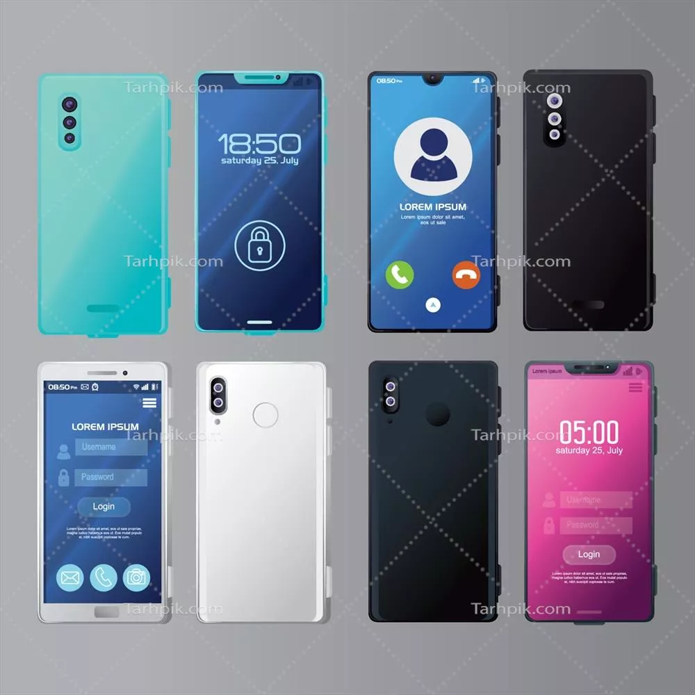 وکتور مجموعهای از ماکتهای واقعی گوشیهای هوشمند با اپلیکیشن ایمنی و تماس