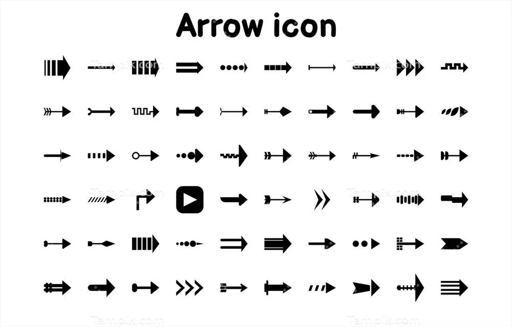 وکتور مجموعهای از آیکونهای فلش سیاه و صلب که به سمت راست اشاره دارند