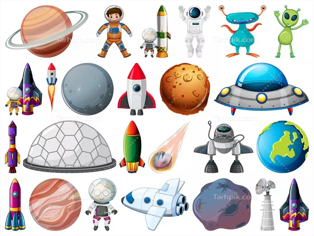 وکتور مجموعه ای از اشیاء و عناصر فضایی روی پس زمینه سفید در تصویرسازی