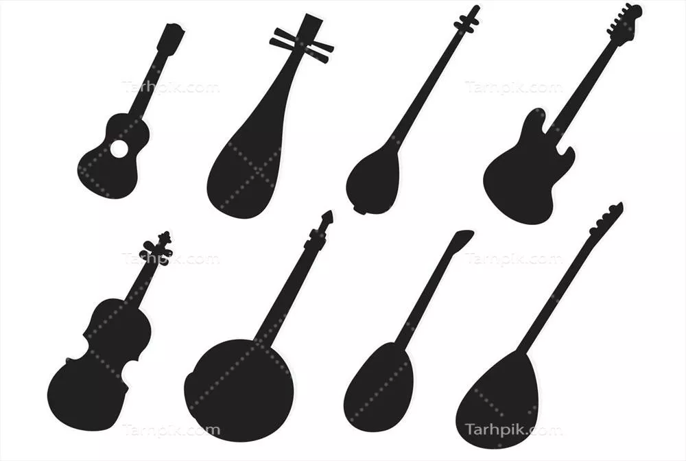 وکتور مجموعهای از سیلوئتهای سازهای زهی بر روی زمینهی سفید