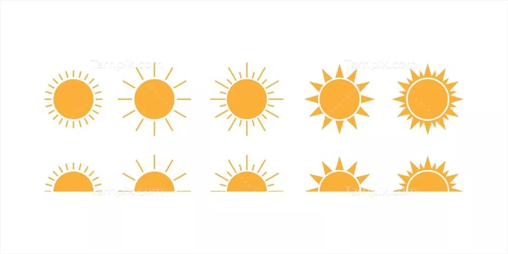 وکتور مجموعهای از تصاویر خورشید بر روی پسزمینه سفید با نمادها و آیکونهای خورشیدی