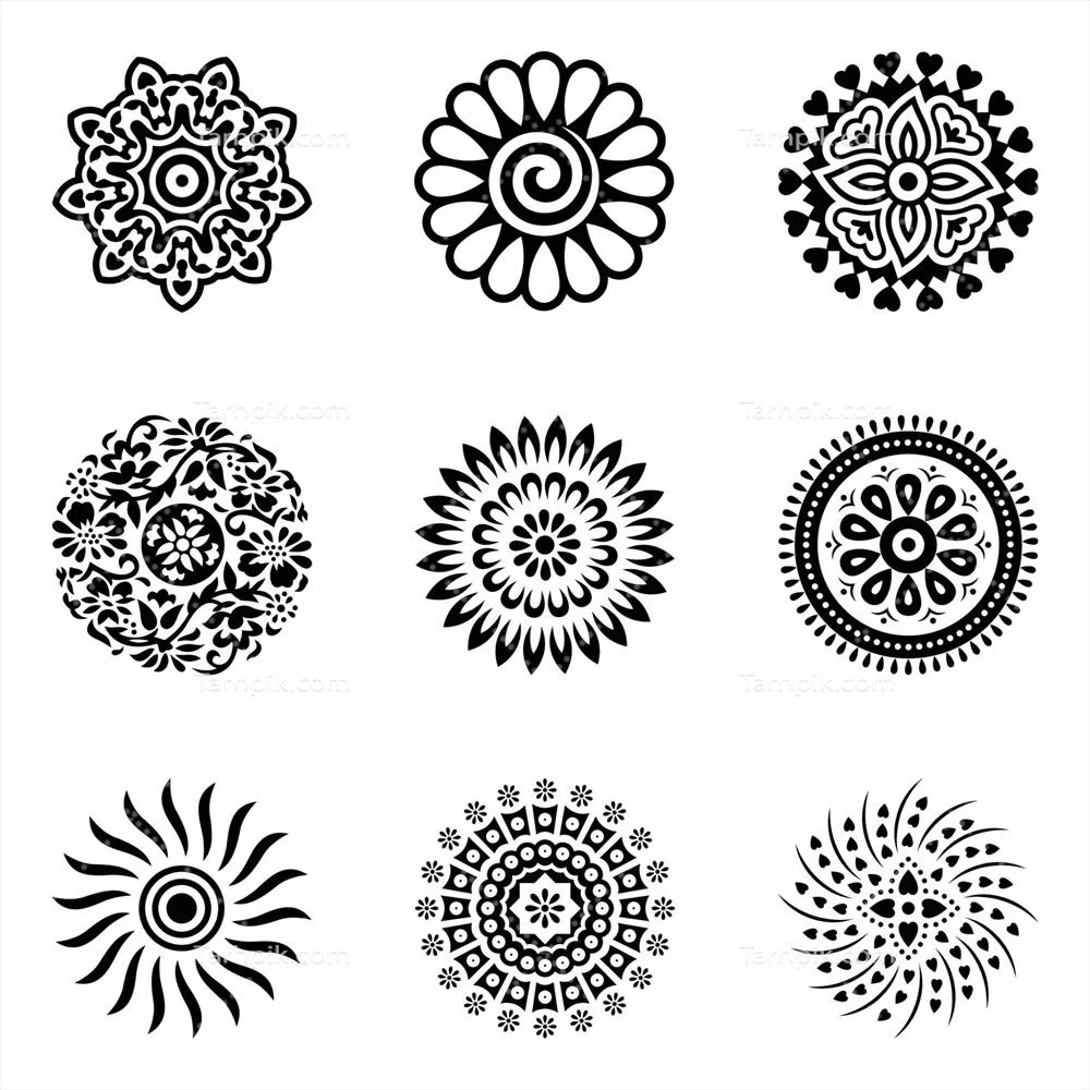 وکتور مجموعه هنرهای سنتی ماندالا با طرح گلهای گرد و ornamental
