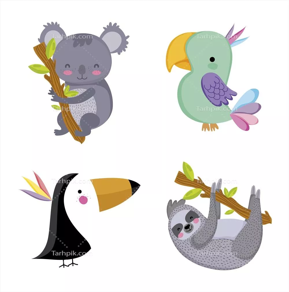 مجموعهای از حیوانات وحشی کارتونی زیبا با طراحی گرافیکی و وکتور