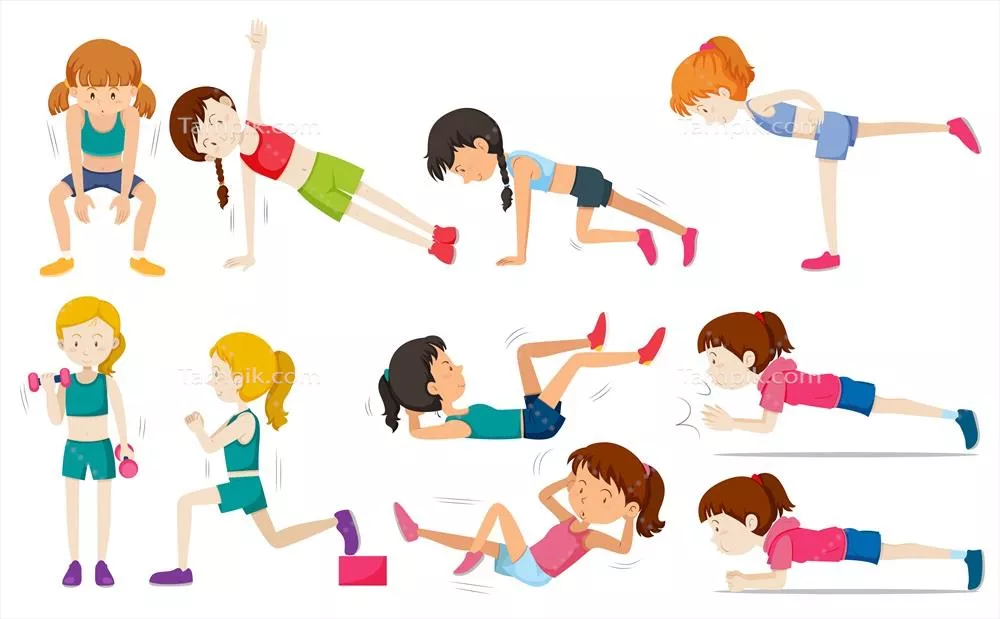 وکتور مجموعه ای از تصاویری از تمرینات ورزشی زنان به همراه توضیحات