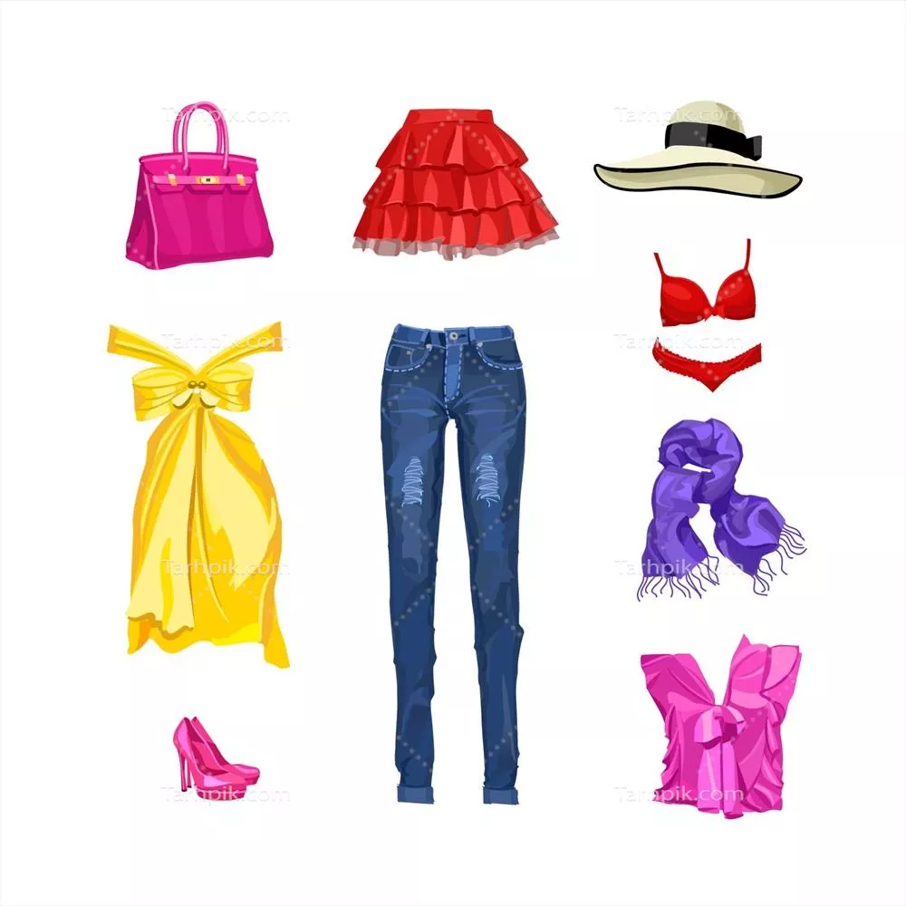 مجموعه ای از پوشاک و لوازم جانبی زنان شامل دامن، شلوار جین، لباس، تاپ، شال، کلاه، لباس زیر، کفش و کیف - تصویر وکتور جداگانه بر روی پسزمینه سفید