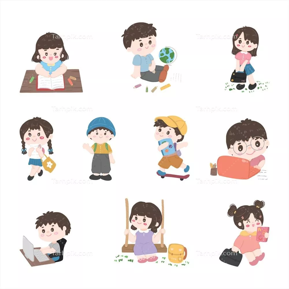 وکتور تصویری از شخصیت‌های دانش‌آموز جوان در حال یادگیری و مطالعه