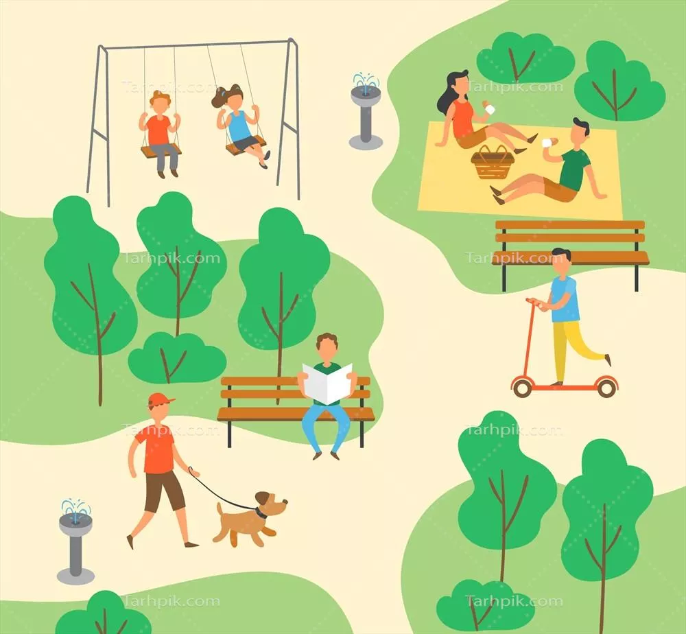 تصویر وکتور از افرادی که در پارک در حال استراحت و تفریح هستند