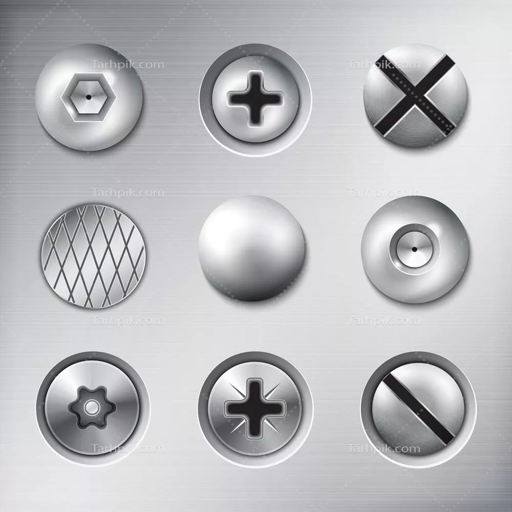 وکتور محصولات صنعتی: پیچ و مهره، میخ و متصلکنندههای فلزی با بافت مجزا