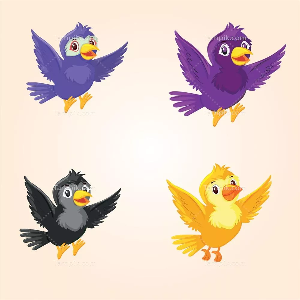 تصویر وکتوری از پرندگان کوچک در حال پرواز - کارتون چهار پرنده