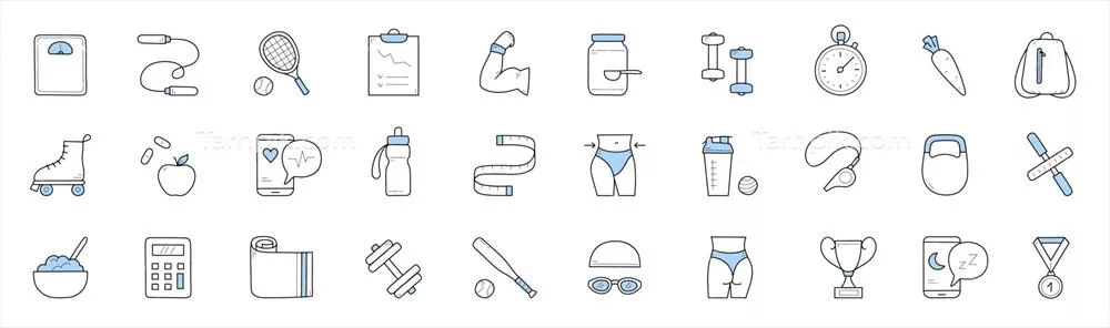 وکتور آیکون‌های ورزشی، تمرینی و زندگی سالم برای طراحی و خلاقیت