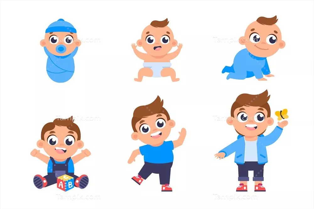 وکتور مراحل طراحی فلت نوزاد پسر: از تولد تا بزرگسالی