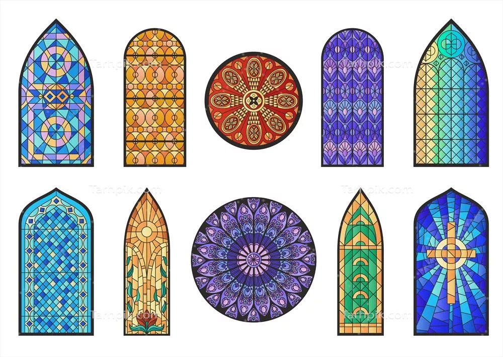 ویترین‌های شیشه‌ای رنگی و موزائیک برای کلیسا و معبد با طراحی مسطح و وکتور