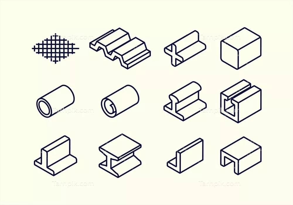 مجموعه آیکون های وکتوری از لوله و تیر فولادی به همراه جزئیات فنی