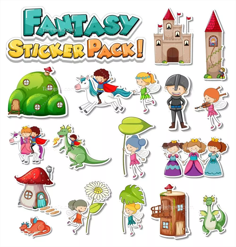 مجموعه استیکر با شخصیتهای تخیلی کارتون مختلف به صورت وکتور