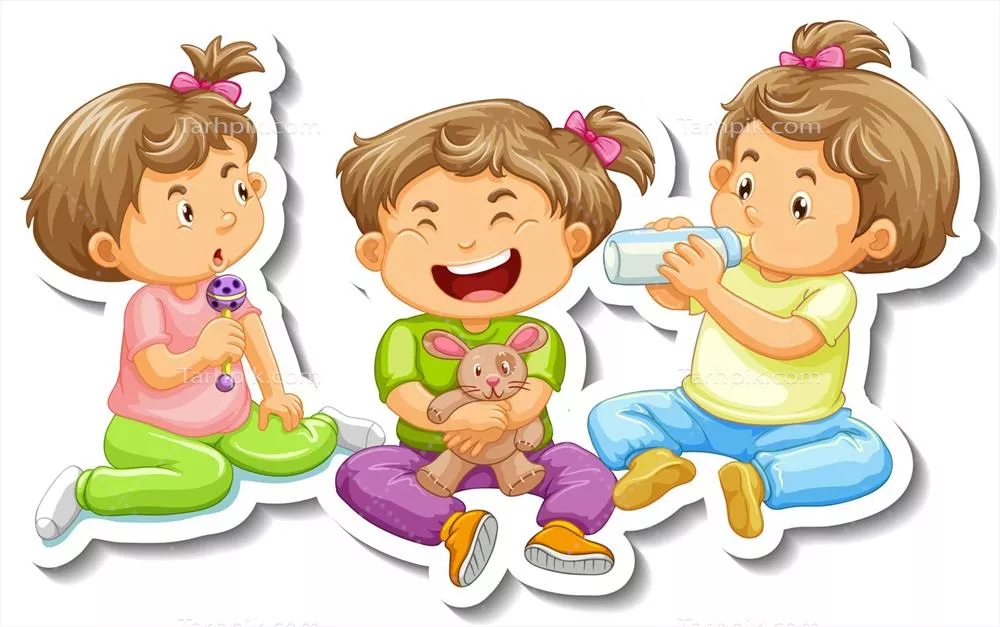 وکتور برچسب طرحدار با سه دختر بچه کارتونیزه روی پسزمینه جدا